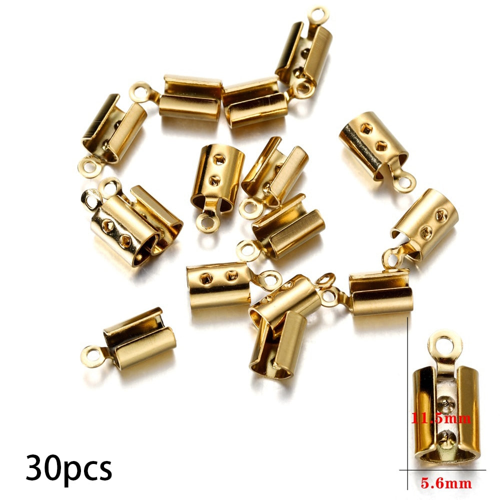 Gold Stainless Steel Cords Crimp End Beads Caps, 30-50pcs