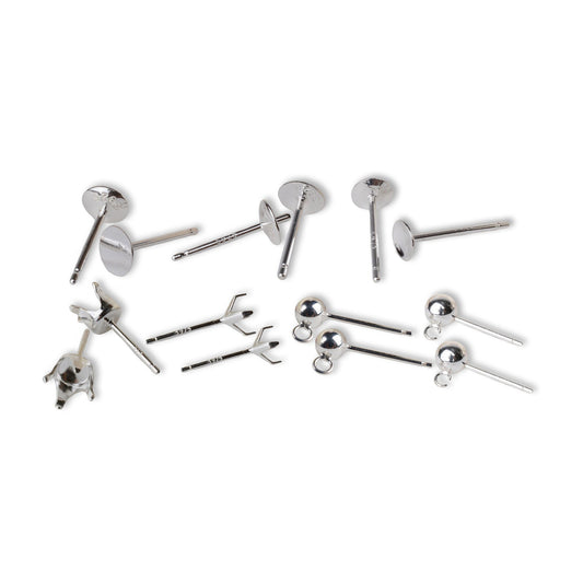 Stud Post Earring Making Set - Sterling Silver - Nickel Free & Hypoallergenic - Closed or Open Jump Ring, Cupped Pad, Flat pad, Prongs Snap