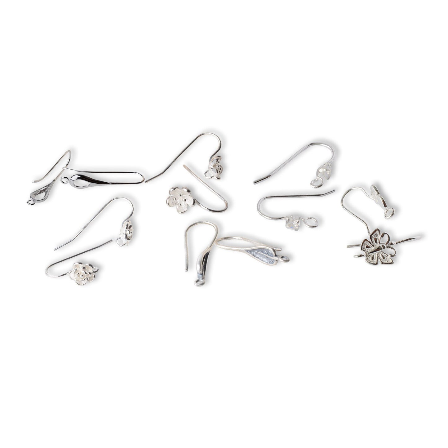 French Hooks Wire Earrings, Sterling Silver - Leaves, Butterfly, CZ, Flower and Drop Shaped Hypoallergenic Findings for Earring Making