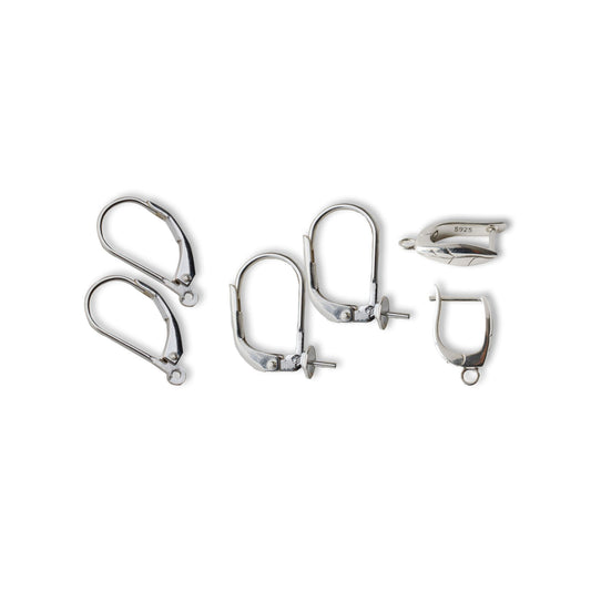 French Leverback Ear Wires Hook Findings, Sterling Silver Components, for choice: hinged, with Pearl fittings, closed loop or open jump ring