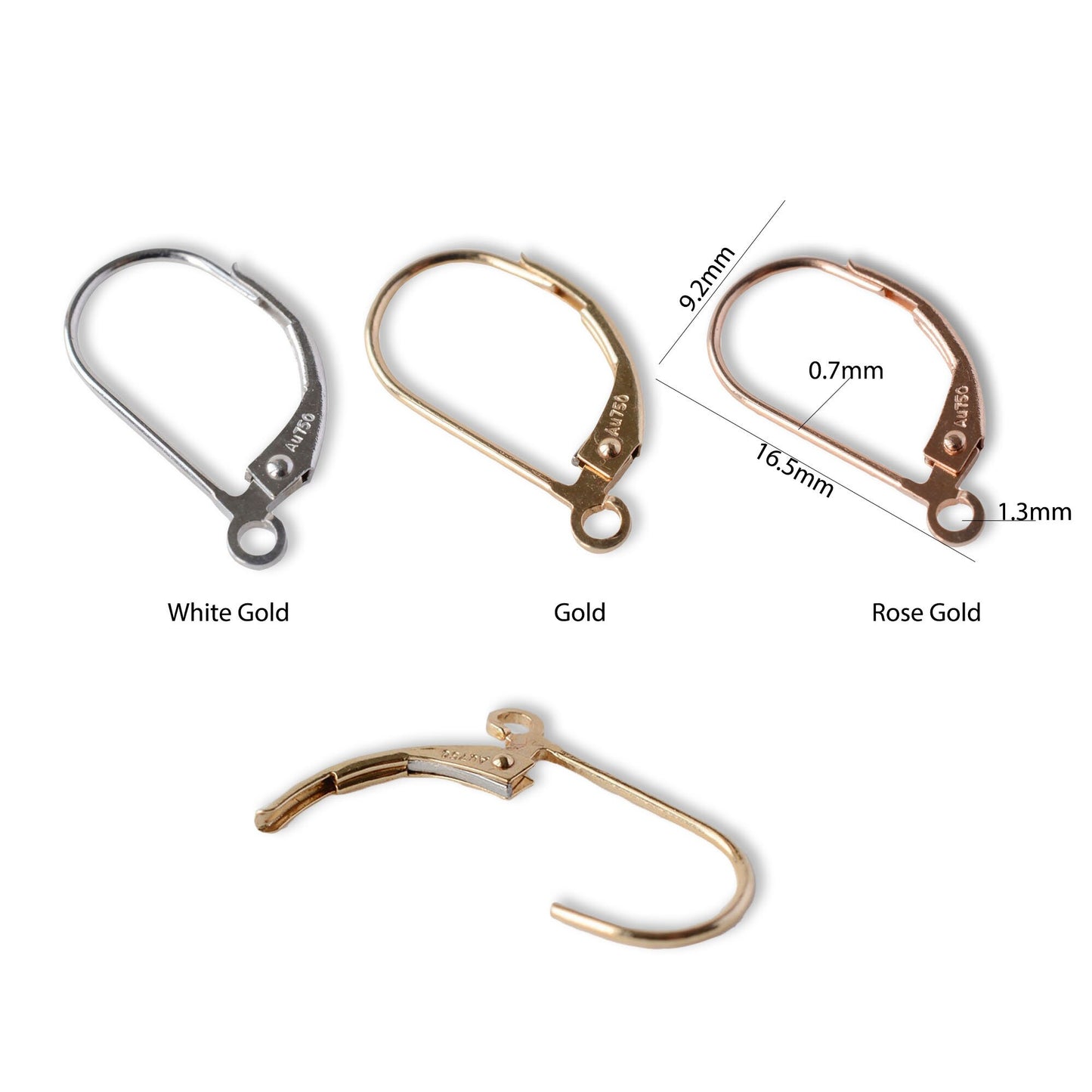 French Leverback Earwire Hook Findings - 18K Gold, Rose and White Gold - High Quality Findings - with Open Jump Ring