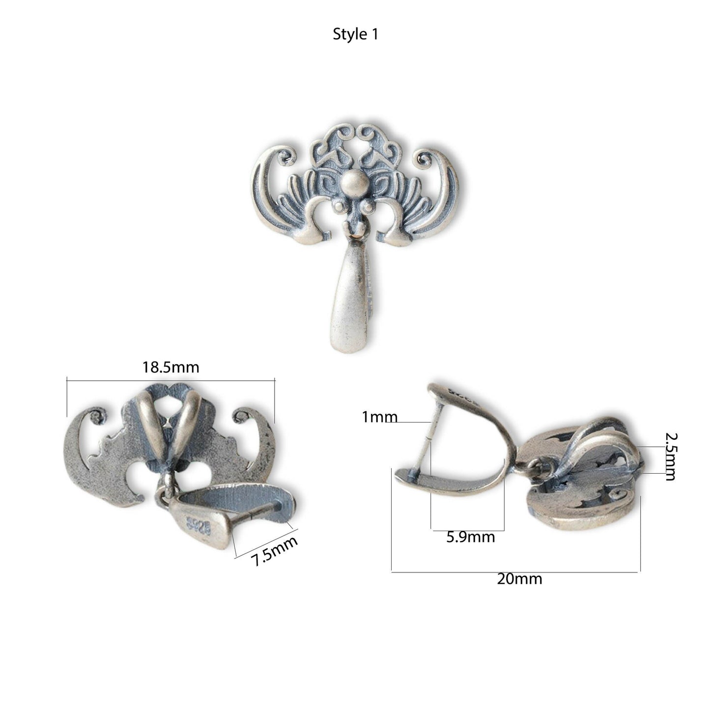 925 Sterling Silver Pinch Bail - Blessing, Bat and Cloud Pendant - Thai Silver Clasp Connector