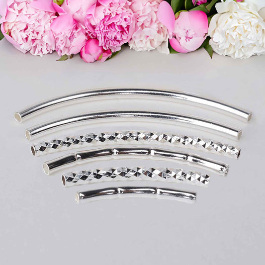 925 sterling silver curved tube beads in 2mm - 3 Styles: Smooth, Faceted, Bamboo