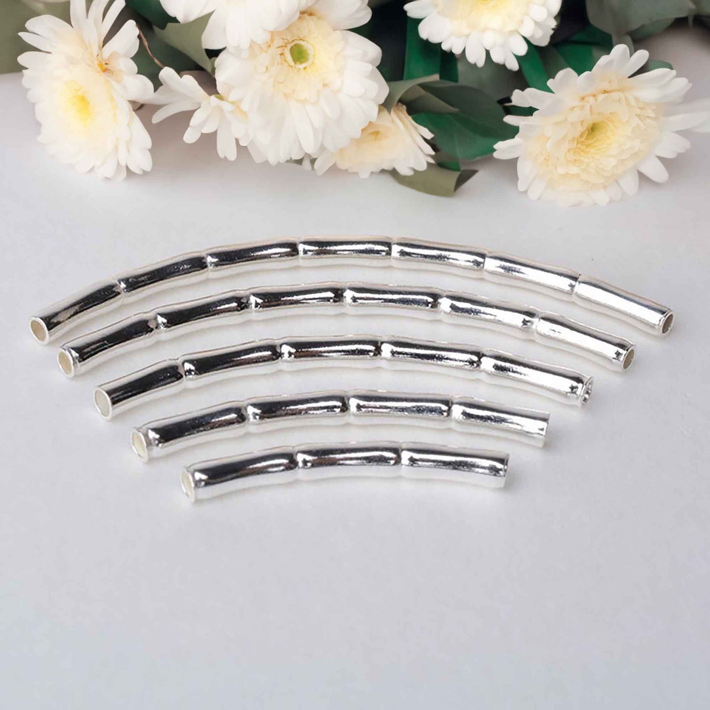 925 sterling silver curved tube beads in 2mm - 3 Styles: Smooth, Faceted, Bamboo