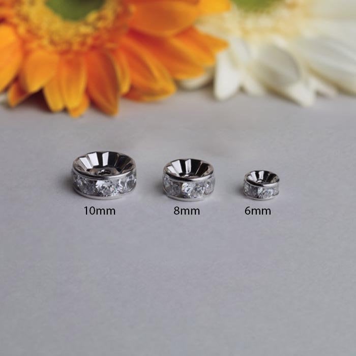 925 Sterling Silver Round Loose Beads, Shimmering Cubic Zirconia Spacer Beads, Rhodium Plated, Various Sizes - Perfect for Beading