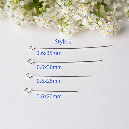 Head Pins in 925 Sterling Silver, Ball Head, Flat Cap T-Pin, Eyepins, 20-28 Gauge for DIY Jewelry, 1 Piece