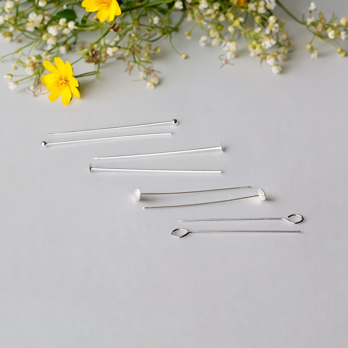 Head Pins in 925 Sterling Silver, Ball Head, Flat Cap T-Pin, Eyepins, 20-28 Gauge for DIY Jewelry, 1 Piece