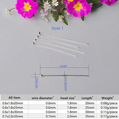 Head Pins in 925 Sterling Silver, Ball Head, Flat Cap T-Pin, Eyepins, 20-28 Gauge for DIY Jewelry, 1 Piece