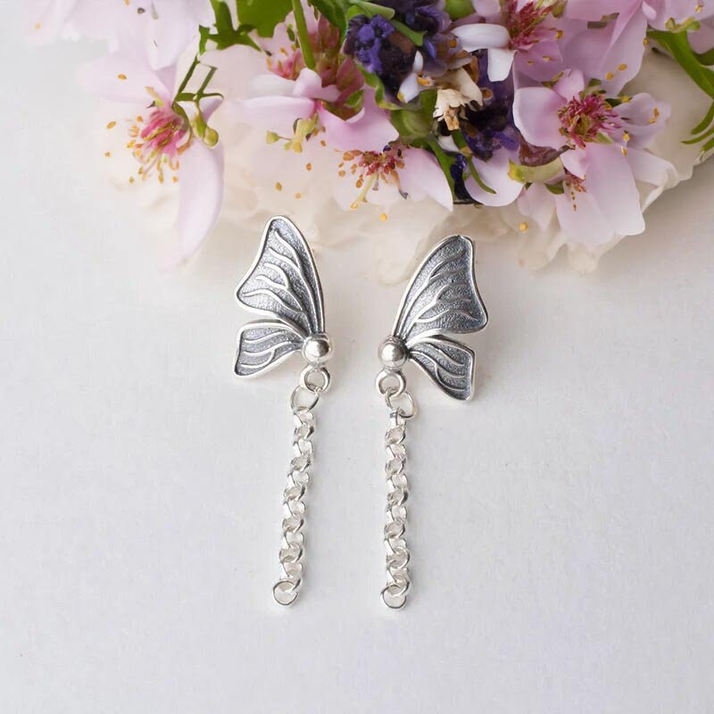 Butterfly Dangle Earrings Studs, 925 Sterling Silver, with Rolo Link Chain and Loop Connector, Thread Earwire Studs