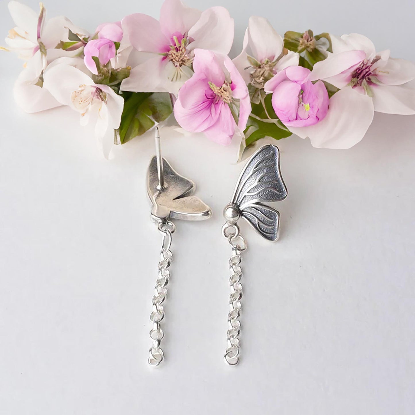 Butterfly Dangle Earrings Studs, 925 Sterling Silver, with Rolo Link Chain and Loop Connector, Thread Earwire Studs