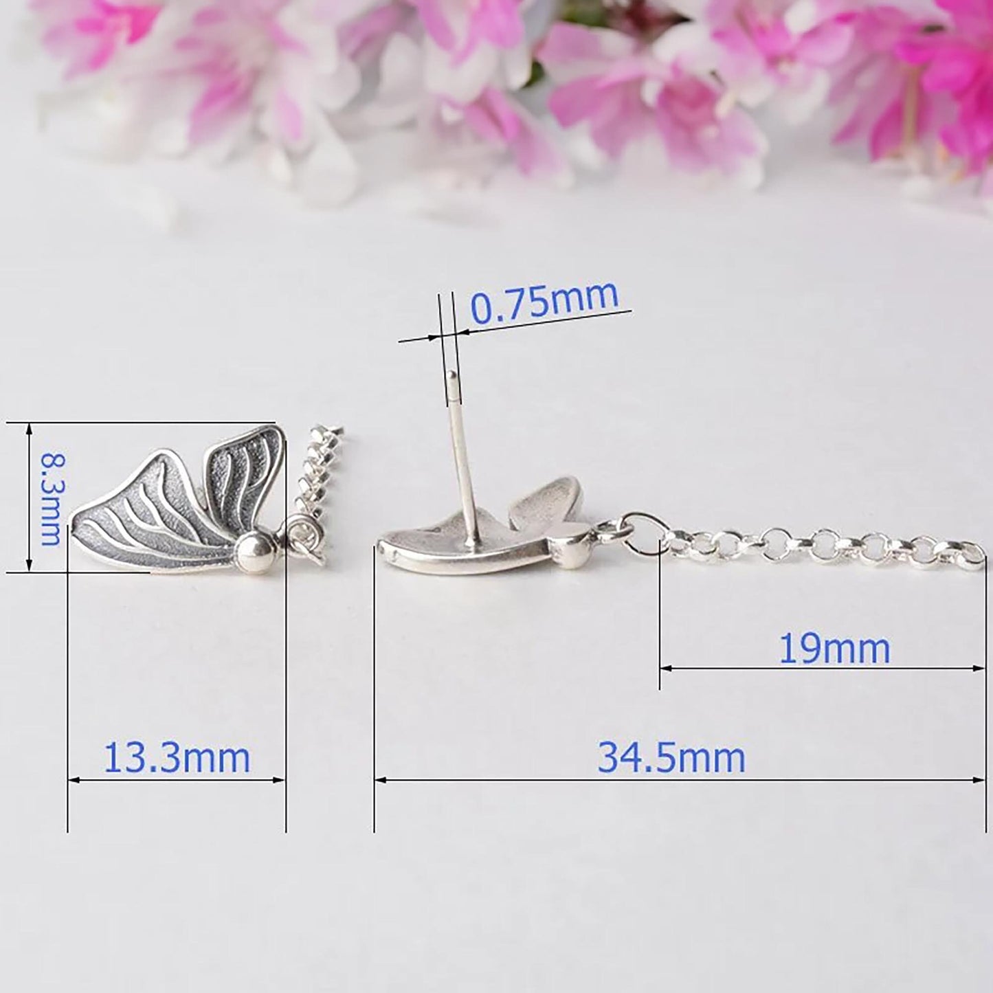 Butterfly Dangle Earrings Studs, 925 Sterling Silver, with Rolo Link Chain and Loop Connector, Thread Earwire Studs