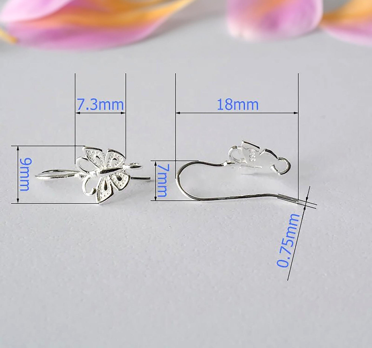 Solid 925 Sterling Silver Butterfly French Hook Earwire, Hypoallergenic Ear Wires, Nickel Free Components Wholesale Jewelry Findings Earring