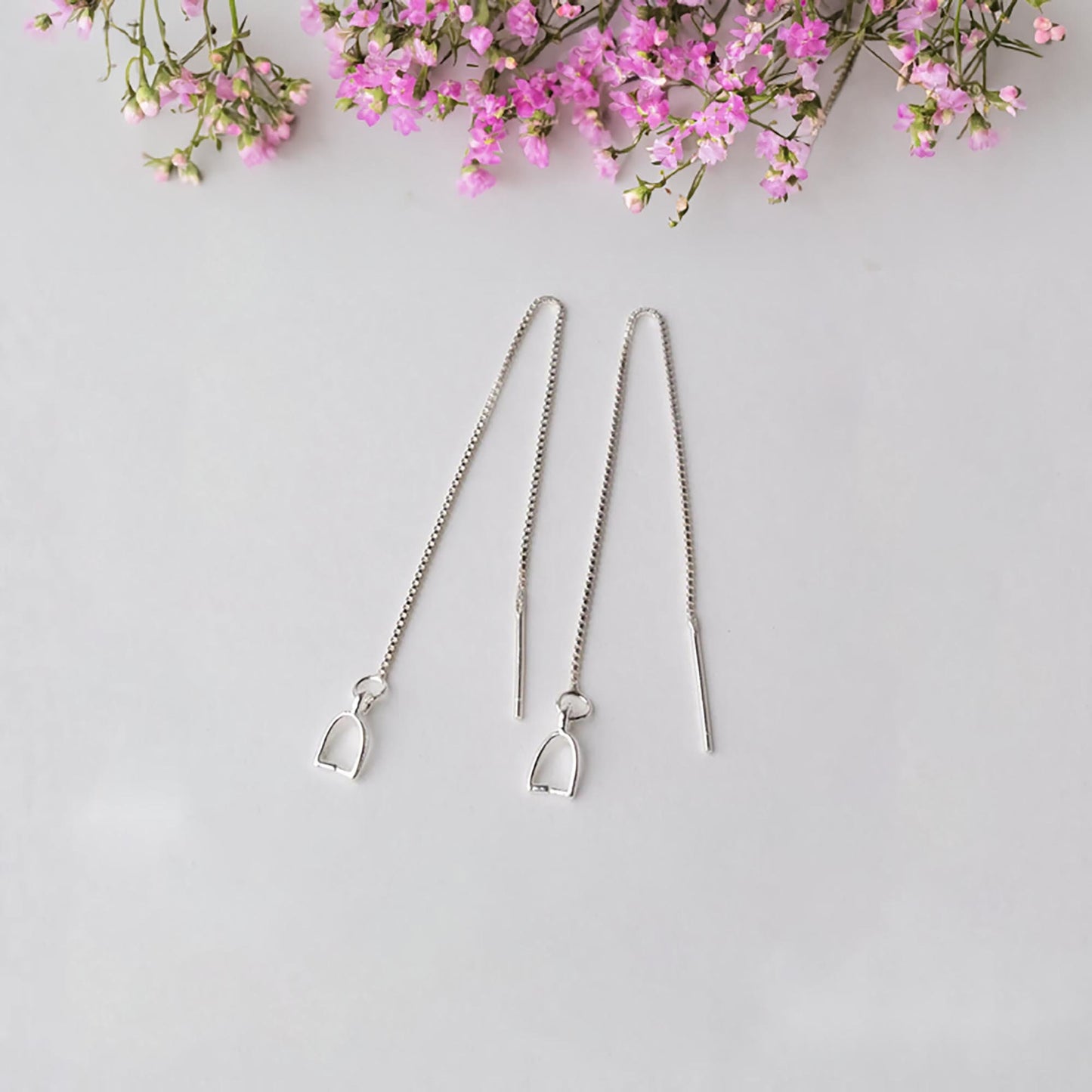 925 Sterling Silver Threader Earrings, DIY Ear Wire with Pinch Bail Clasp Connector, Hypoallergenic Dangle Long Hooks, Solid Box Chain