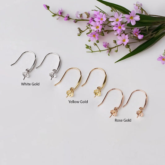 18K Gold Dangle Earring Hooks with Bead Caps, White Rose and Yellow Gold