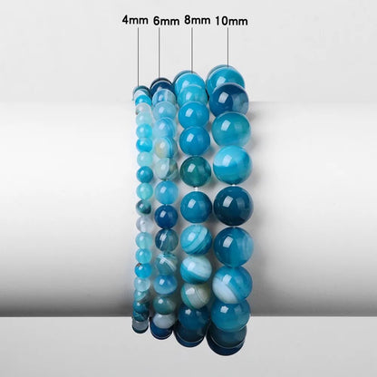 Blue Stripe Round Agate Gemstone Bracelet, 6-12mm