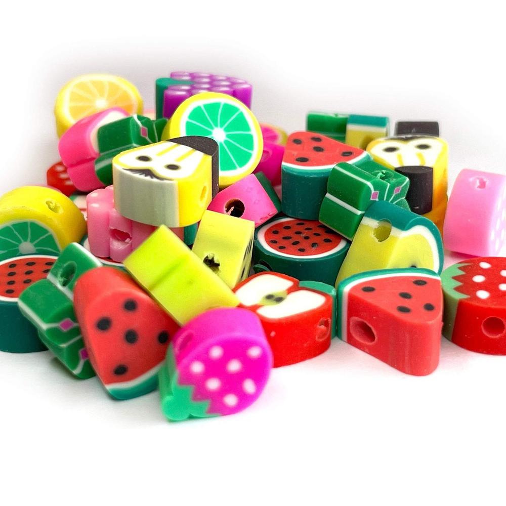 10mm Flat Fruit Shape Clay beads, Polymer Clay Beads, Watermelon strawberries grapes apples lemon beads, Handmade beads for kids 30pcs 