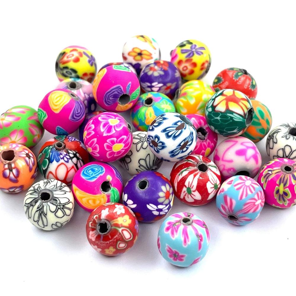 10mm Round Ball Clay beads, Rainbow Polymer Clay Beads, Tiny Mixed beads, Handmade beads for kids 30pcs 