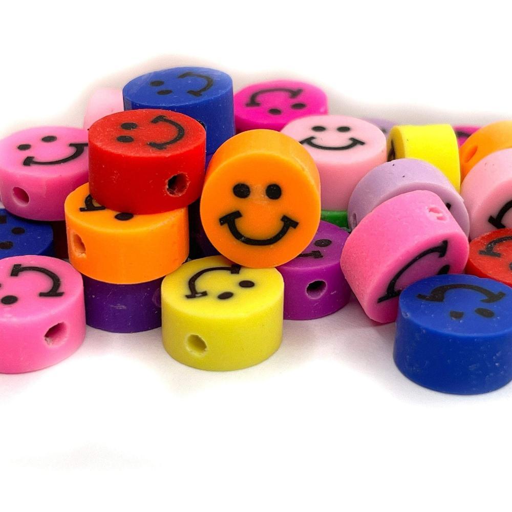 10mm Smile Face Flat Round Clay beads, Rainbow Polymer Clay Beads, Tiny Red Blue Red White Pink Yellow beads, Handmade beads for kids 30pcs 