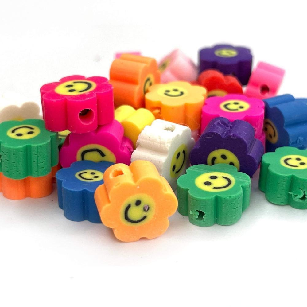 10mm Sunflower Smile Face Clay beads, Rainbow Polymer Clay Beads, Tiny Flat round Blue Green Pink beads, Handmade beads for kids 30pcs 