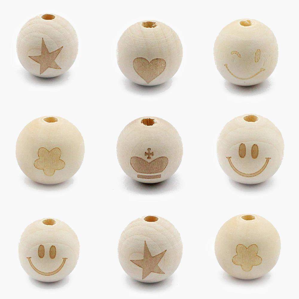 20mm Wood Beads, Smiling Face Round Natural Beads, Heart Star Baby Teether Wooden Beads for Jewelry Making 10pcs 