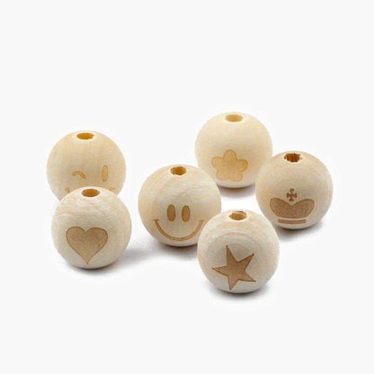 20mm Wood Beads, Smiling Face Round Natural Beads, Heart Star Baby Teether Wooden Beads for Jewelry Making 10pcs 