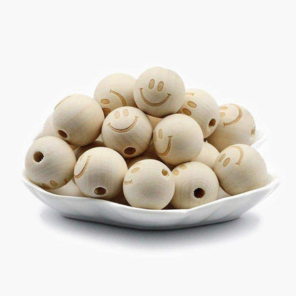 20mm Wood Beads, Smiling Face Round Natural Beads, Heart Star Baby Teether Wooden Beads for Jewelry Making 10pcs 