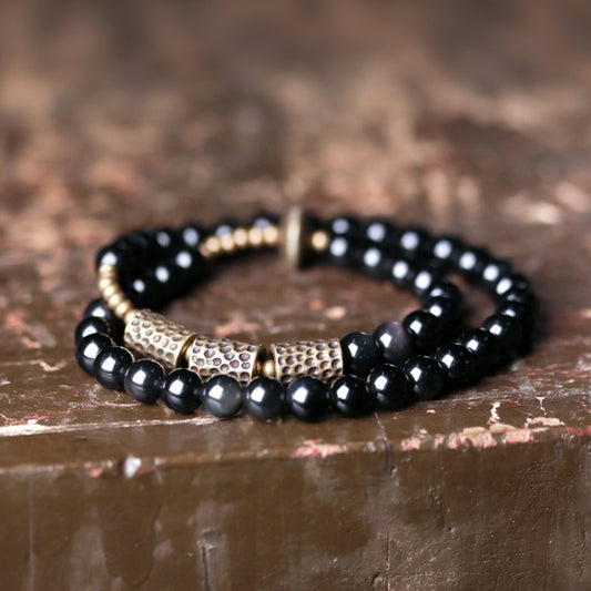 Two Row Bracelet, Obsidian and Hammered Brass Beads