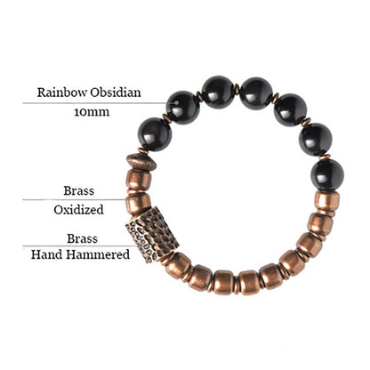 Regenbogenauge-Obsidian-Perlenarmband, gehämmerter Messinganhänger