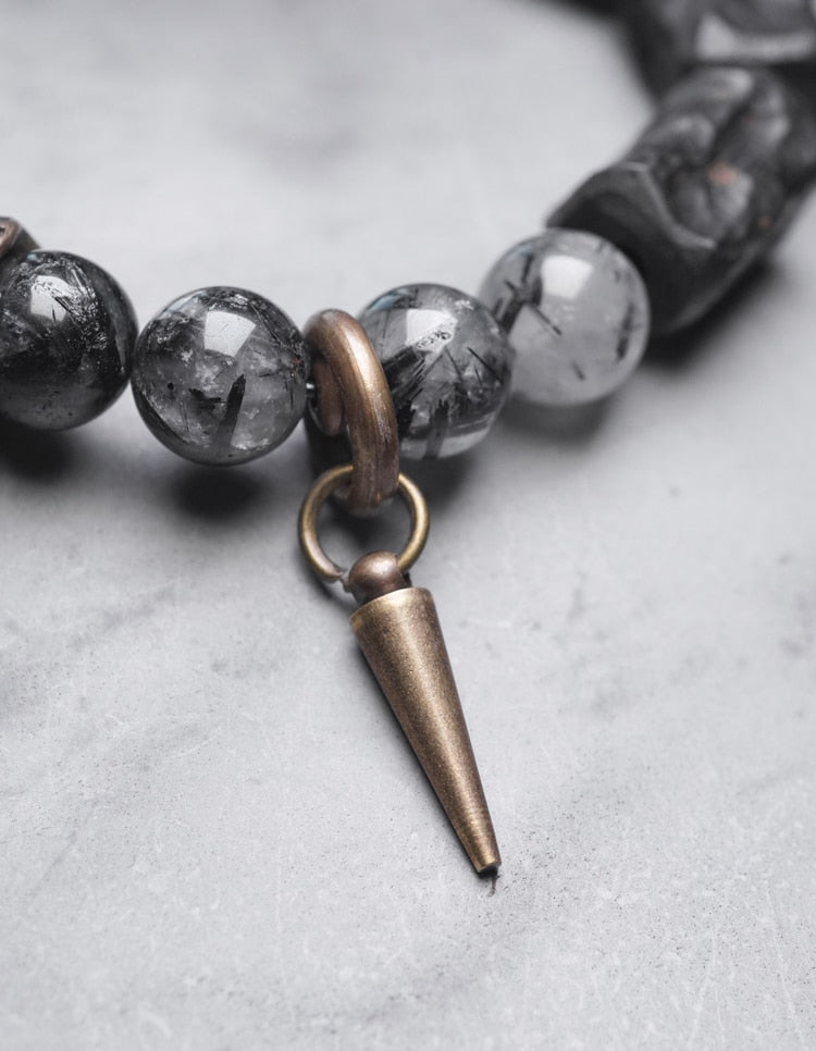Black Rutilated Quartz Ebony Wood Beads Bracelet