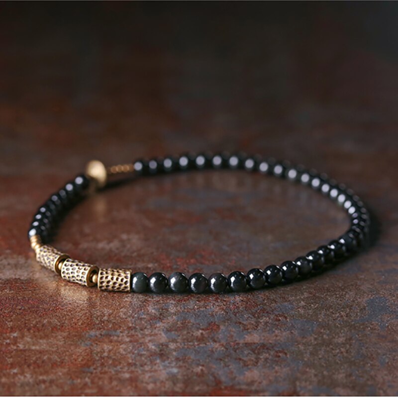 Two Row Bracelet, Obsidian and Hammered Brass Beads
