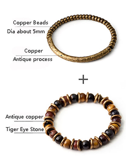 Set 2 Bracelets perles Oeil de Tigre et Cuivre Pur Vintage