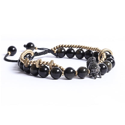 Bracelet homme en obsidienne naturelle, charme chevalier Vikings