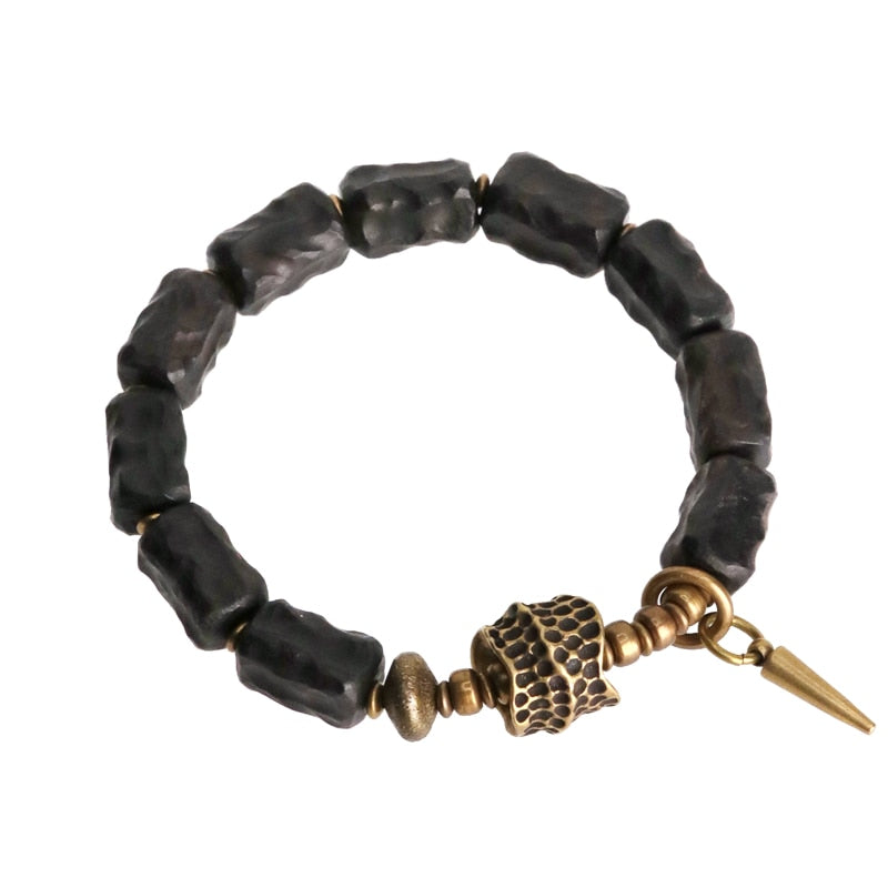 Black Ebony Wood Beads Bracelet With Design Brass Charm