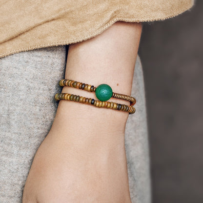 Wood and Onyx Multi-Row Bracelet, Red and Gold Stone Charm