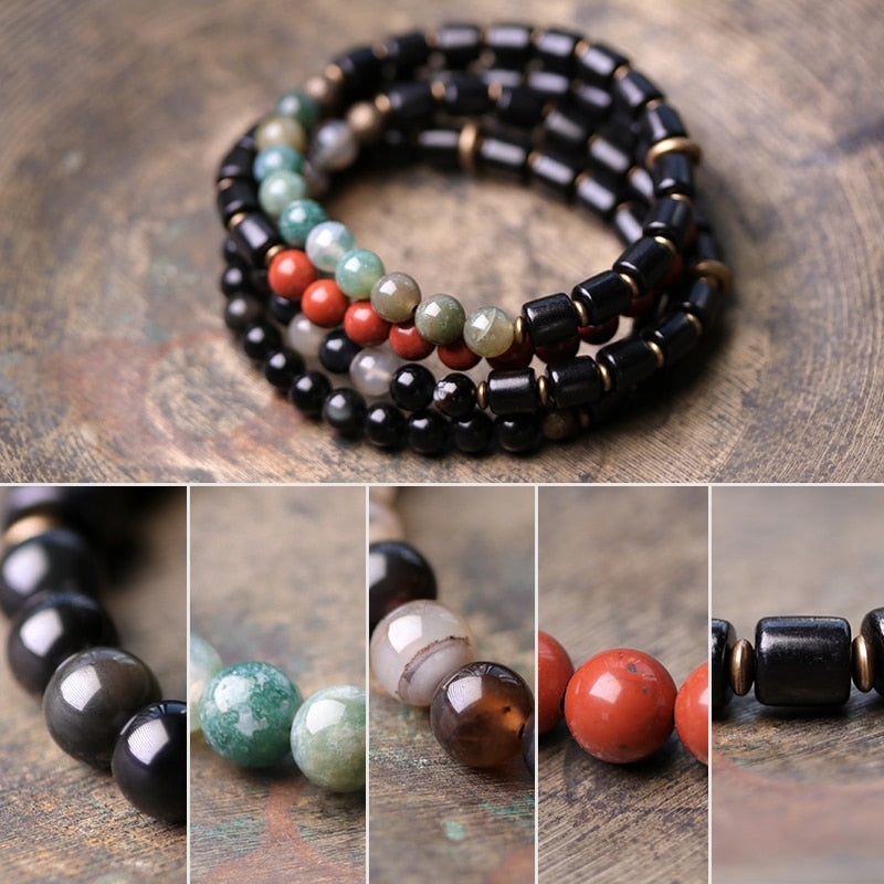 Ebony Wood and Stone Beads Bracelet, Red, Moss and Flower Agate