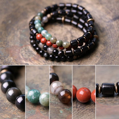 Ebony Wood and Stone Beads Bracelet, Red, Moss and Flower Agate