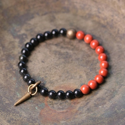 Natural Agate Beads Beaded Bracelet, Copper Charm