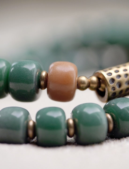 Green Bodhi Seed Bracelet with Brass Charm