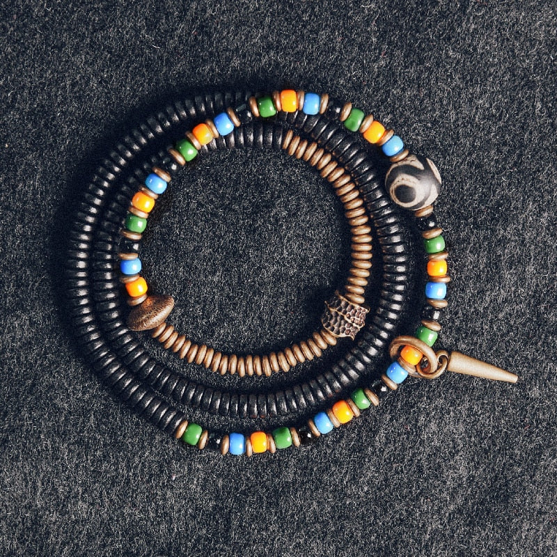 Multi Color Glass, Ebony Wood and Tibetan Dzi Bead Bracelet