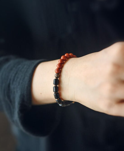 Ebony Wood and Stone Beads Bracelet, Red, Moss and Flower Agate