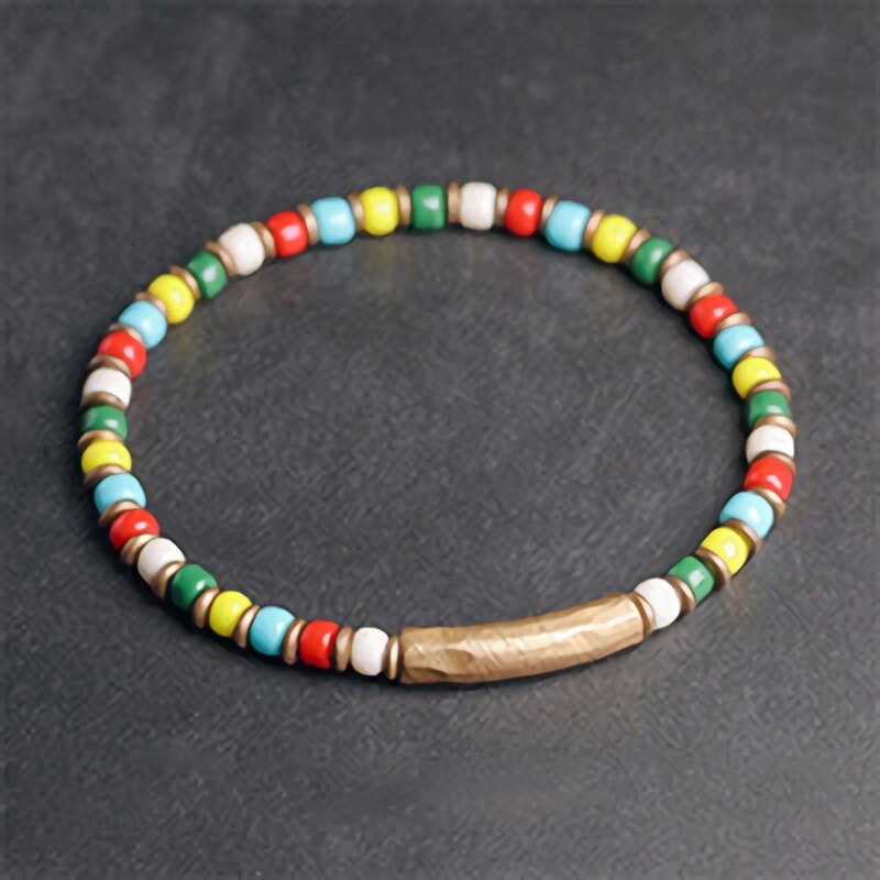 Multi Color Glaze Mini Beads Bracelet, Hammered Copper Charm