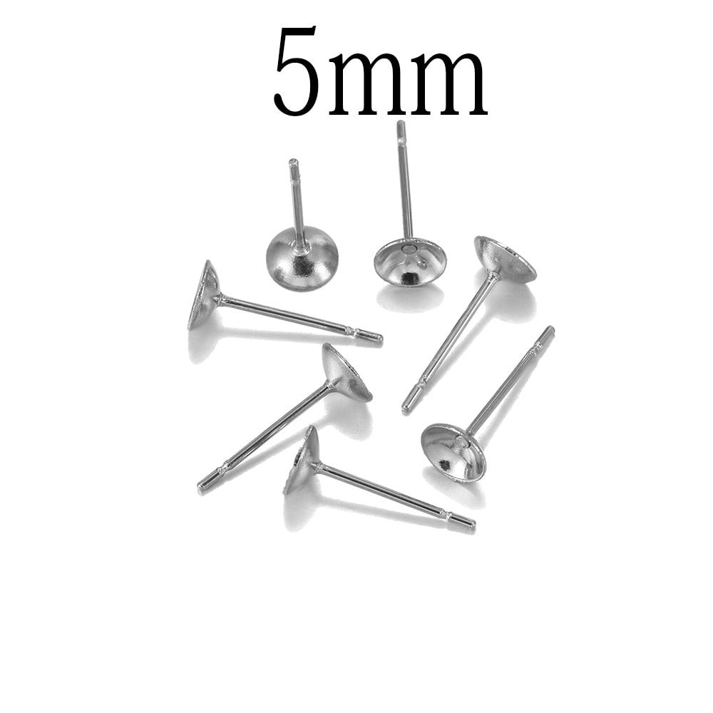 Stainless Steel Cup shape Earring Settings, Ear Post Pin, 100pcs