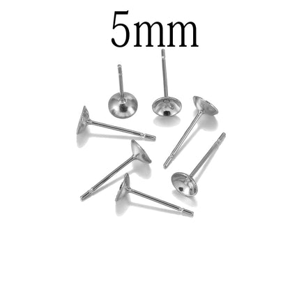 Stainless Steel Cup shape Earring Settings, Ear Post Pin, 100pcs