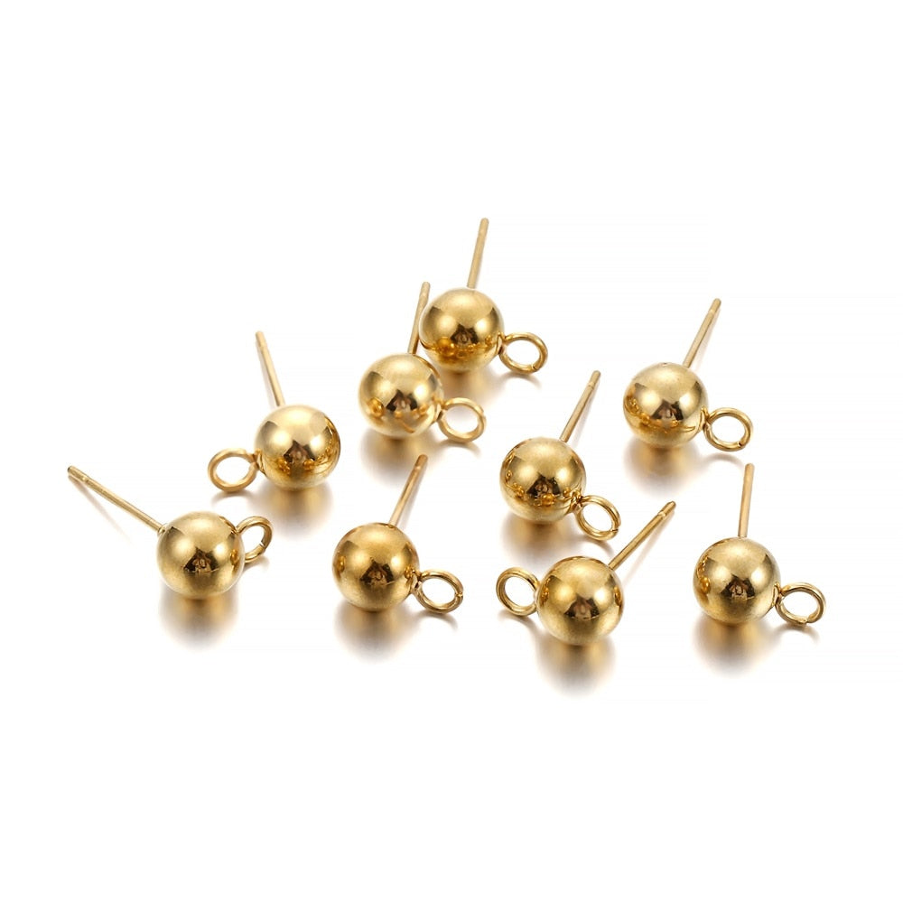 Gold Round Ball Earring Post Studs with Plugs, 20pcs