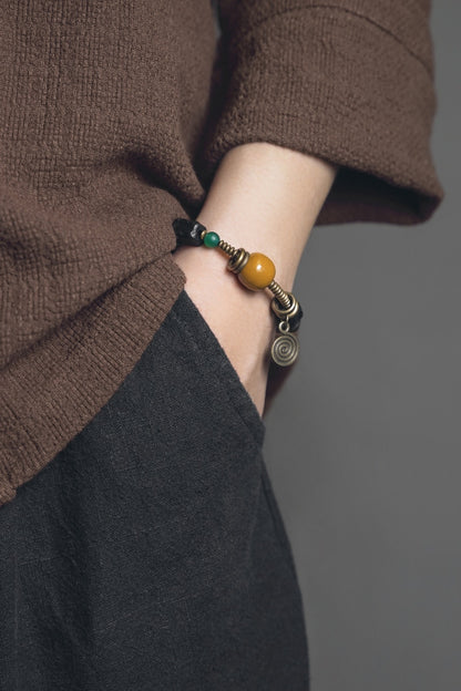 Carved Ebony Bead Bracelet, Gobi Agate Charm