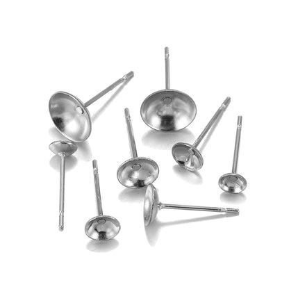 Stainless Steel Cup shape Earring Settings, Ear Post Pin, 100pcs