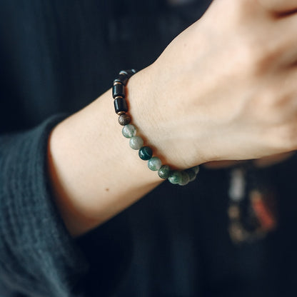 Ebony Wood and Stone Beads Bracelet, Red, Moss and Flower Agate