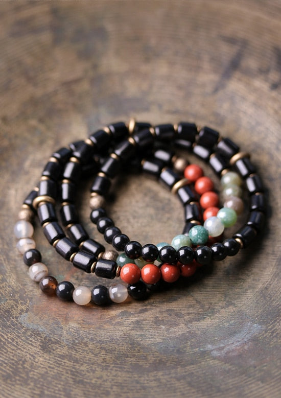 Ebony Wood and Stone Beads Bracelet, Red, Moss and Flower Agate