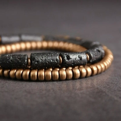 MultiLayer Bracelet, Brass Tube and Lava Beads