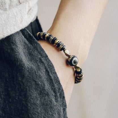 Tibetan OX Yak Bone and Ebony Wood Carved Beads Bracelet with Evil Eyes Charm